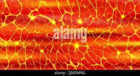 Texture senza cuciture della superficie luminosa del magma o vista dall'alto del fiume di lava del vulcano. Sfondo vettoriale astratto. Effetto metallo fuso. Acciaio liquido. Rosso, giallo, Illustrazione Vettoriale