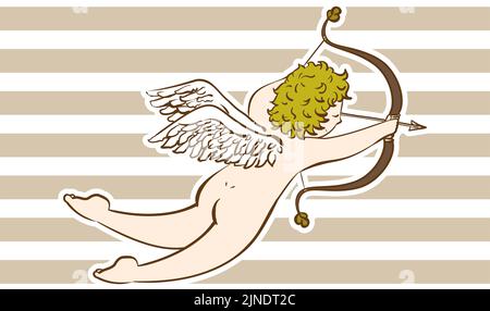 Illustrazione di un cupido che spara una freccia d'amore stile antico  con cornice bianca  Illustrazione Vettoriale