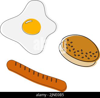 Un set di tre prodotti per la colazione. Uovo fritto, panino con semi di sesamo, salsiccia. Fast food. Stile di vita. Cibo di strada. Disegnata a mano in stile doodle Illustrazione Vettoriale