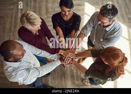 Un gruppo di professionisti che mettono insieme le mani, si sostengono a vicenda e si presentano come una visione di gruppo. Maschi e diversi Foto Stock