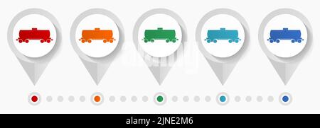 Carro cisterna carburante, icone vettoriali concetto treno, modello infografico facile da modificare, set di puntatori colorati design piatto per webdesign e applicazioni mobili Illustrazione Vettoriale