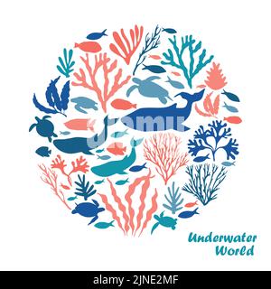 Graziosa balena blu, pesce e coralli. Giornata Mondiale dell'Oceano 8 giugno. Poster quadrato tropicale con mondo sottomarino, animali marini e alghe marine. Vettore Illustrazione Vettoriale