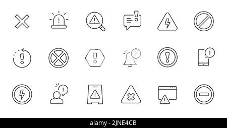 Avviso, icona della linea del segnale di rischio impostata. Attenzione, avvertenza, icona del tratto di linea modificabile con punto esclamativo sottile. Informazioni sugli avvisi, illustrazione del vettore di notifica degli incidenti. Illustrazione Vettoriale