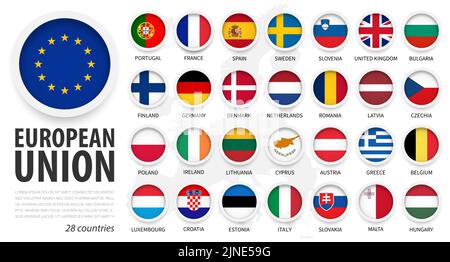 Unione europea . Bandiere dell'UE e dell'adesione . Design semplice piatto a cerchio con cornice bianca . Sfondo isolato e mappa dell'europa . Vettore . Illustrazione Vettoriale