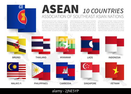 ASEAN . Associazione delle nazioni del sud-est asiatico e dei membri . Disegno della bandiera a nastro a zig-zag ondulata . Mappa dell'asia sudorientale sullo sfondo . Vettore elemento Illustrazione Vettoriale