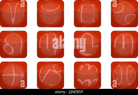 12 costellazioni insieme di icone di pulsanti rossi, più la forma di una stella Illustrazione Vettoriale