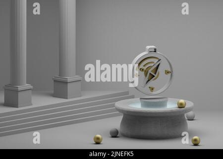 Belle illustrazioni astratte icona simbolo bussola su una fontana e sfondo colonna. illustrazione del rendering 3d. Foto Stock
