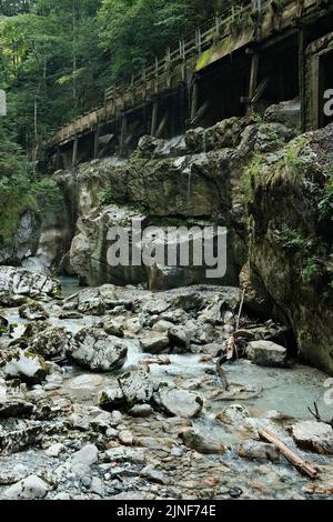 Un colpo verticale di acquedotto e calanchi vicino ad un fiume. Seisenbergklamm, Weissbach bei Lofer, Austria. Foto Stock