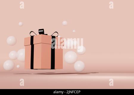 Scatola regalo rosa nero nastro fiocco galleggianti bolle fondo oro rosa. Vendita di festa San Valentino shopping banner Black friday preparazione di Natale Foto Stock