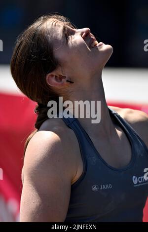 Monaco, Germania. 11th ago, 2022. Il belga Chloe Caulier ha illustrato alle qualifiche per la manifestazione femminile di guida sportiva, ai Campionati europei di Monaco 2022, a Monaco di Baviera, in Germania, giovedì 11 agosto 2022. La seconda edizione dei Campionati europei si svolge dal 11 al 22 agosto e prevede nove sport. FOTO DI BELGA ERIC LALMAND Credit: Belga News Agency/Alamy Live News Foto Stock