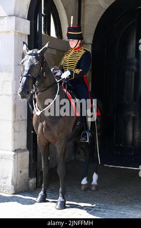Londra, Regno Unito. 11th ago, 2022. Londra, Regno Unito. Le entrate montate della truppa del Re Horse Artillery hanno lottato con il calore quando le temperature hanno raggiunto i 33 gradi nel centro di Londra. Horse Guards Parade, Whitehall. Credit: michael melia/Alamy Live News Foto Stock