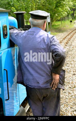 autista del treno ferroviario di guardia stretta in piedi accanto al motore del treno a vapore, ferrovia a valle bure aylsham norfolk inghilterra Foto Stock