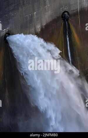 Riserva di Susqueda, nella regione delle Guilleries, durante la siccità estiva del 2022 (la Selva, Girona, Catalogna, Spagna) ESP: Embalse de Susqueda Foto Stock