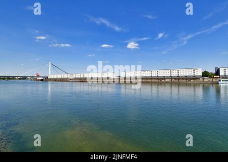 Ludwigshafen, Germania - Agosto 2022: Vista da Ludwigshafen sul fiume Reno e sugli edifici della compagnia di trasporti 'Graeff Spedition' nella città di Mannheim Foto Stock