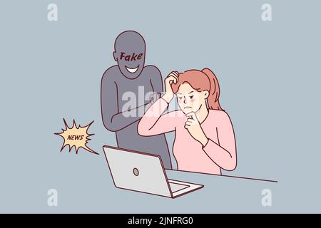 Donna confusa che guarda lo schermo del computer leggere notizie false on-line. Frustrato uso femminile laptop preoccupato per la notifica sul web. Propaganda e manipolazione dei media. Illustrazione Vettoriale
