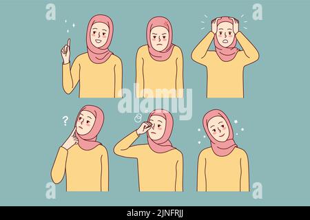 Set di giovane donna in hijab. Collezione di donne musulmane in abiti tradizionali che mostrano emozioni diverse. Illustrazione vettoriale. Illustrazione Vettoriale