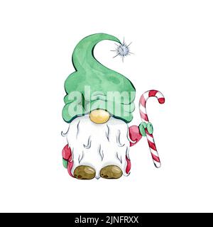 Acquerello gnome di Natale. Carino Cartoon Gnome. Elfo folcloristico scandinavo dipinto a mano, motivo natalizio nordico. Foto Stock