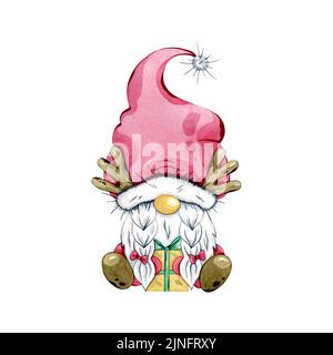 Gnomo scandinavo acquerello con cappello rosso. Inverno natale personaggio cartone animato per cartolina. Gnome di natale disegnato a mano con presente. Foto Stock