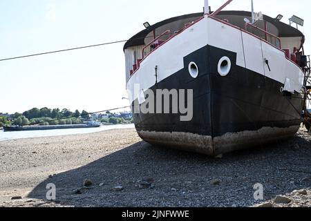 Duesseldorf, Germania. 11th ago, 2022. Una nave si trova a secco tra i groynes sul Reno. Il Reno dovrebbe fluire sempre meno acqua nei prossimi giorni. La Federal Waterways and Shipping Administration (WSV) prevede che i livelli dell'acqua continuino a diminuire fino al fine settimana. Credit: Federico Gambarini/dpa/Alamy Live News Foto Stock