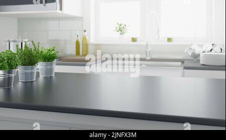 Cucina moderna con piante aromatiche, rendering 3d Foto Stock