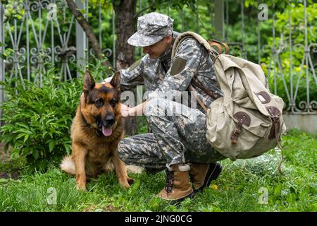 incontro militare con un cane Foto Stock