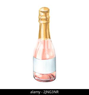 Una bottiglia di vetro con vino rosa o champagne, chiusa con foglio dorato e un'etichetta bianca vuota. Illustrazione acquerello. Un oggetto isolato da un grande Foto Stock