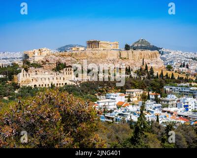 Rovine del tempio del Partenone, Acropoli, patrimonio dell'umanità dell'UNESCO, Atene, Grecia, Europa Foto Stock