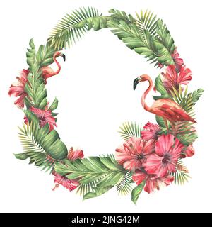 Corona rotonda con foglie tropicali, fiori di ibisco rosso, fenicotteri rosa. Illustrazione acquerello. La cornice è fatta di una grande serie di CUBA. Per Foto Stock