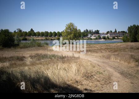 Il fiume Loira, dove il livello dell'acqua diminuisce, e l'ambiente è asciutto. Illustrazione della siccità che ha colpito la Francia durante un'ondata di caldo a Meung-sur-Loire vicino a Orleans il 11 agosto 2022. Foto di Raphael Lafargue/ABACAPRESS.COM Foto Stock