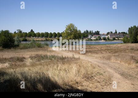 Il fiume Loira, dove il livello dell'acqua diminuisce, e l'ambiente è asciutto. Illustrazione della siccità che ha colpito la Francia durante un'ondata di caldo a Meung-sur-Loire vicino a Orleans il 11 agosto 2022. Foto di Raphael Lafargue/ABACAPRESS.COM Foto Stock