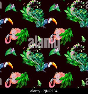 Animali tropicali con motivi floreali e riccamente decorati in acquerello, senza cuciture in nero. Fenicotteri, toucan, camaleonte e rane dipinte a mano. Design Foto Stock