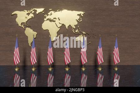 Bandiere degli Stati Uniti, bandiera degli Stati Uniti, Summit USA e mappa del mondo sul muro, 3D lavoro e 3D illustrazione Foto Stock