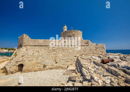 Fortezza di San Nicola nel porto della città di Rodi, Grecia, Europa. Foto Stock