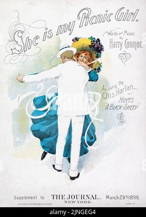 Lei è la mia ragazza pic-nic (1893) parole e musica di Harry Connor, come cantato da Otis Harlan in Hoyt 'Una pecora nera,' supplemento al giornale, New York. Copertina per musica spartiti. Illustrazione di W. R. Hearst Foto Stock