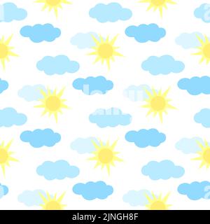 Sole e nuvole disegno vettoriale senza giunture. Sfondo chiaro giorno di sole. Stampa per tessuti, carta, carta da parati e design per bambini. Celeste Illustrazione Vettoriale