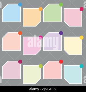 Raccolta di fogli di note colorati con angolo arricciato e spilla, pronti per il vostro messaggio. Illustrazione Vettoriale