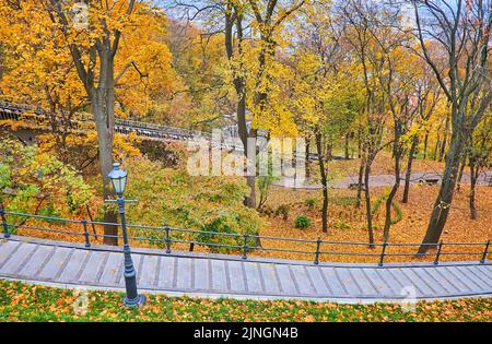 Il fogliame giallo brillante in un bellissimo parco della collina di St Volodymyr in autunno, Kyiv, Ucraina Foto Stock