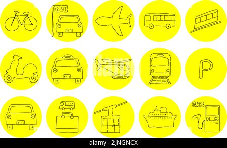 Serie di icone scritte a mano grezze: Illustrazione vettoriale del sistema del veicolo giallo su nero Illustrazione Vettoriale