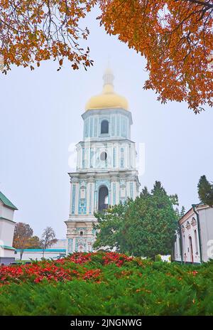 Il Campanile della Cattedrale di Santa Sofia in nebbia con colorate piante autunnali in primo piano, Kyiv, Ucraina Foto Stock