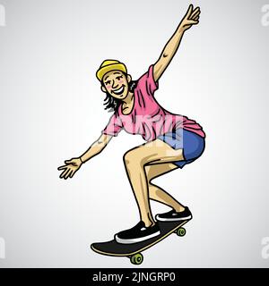 Skater Girl Skateboarder Fun Cartoon Doodle disegno Vector Illustration Illustrazione Vettoriale