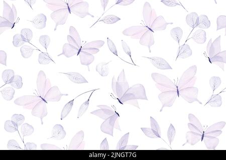 Farfalla acquerello e fiori senza cuciture modello disegnato a mano Foto Stock