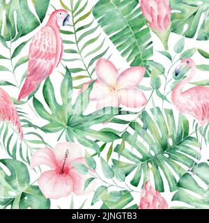 Acquerello senza cuciture con foglie tropicali: Palme, monstera. Bella stampa allover con piante esotiche disegnate a mano. Foto Stock