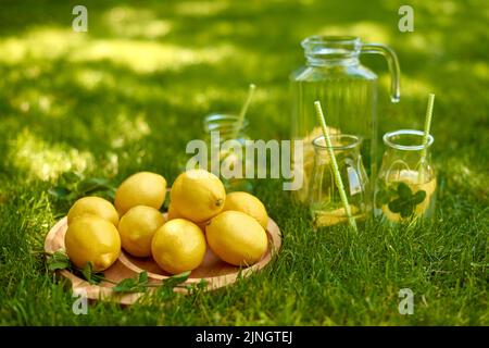 picnic estivo su erba verde - caraffa trasparente in vetro di fresca limonata rinfrescante e tre bicchieri con cannucce e limoni interi su vassoio di legno nel gard Foto Stock