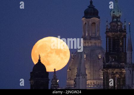 Dresda, Germania. 11th ago, 2022. La luna sorge dietro lo sfondo del Ständehaus (l-r), della Frauenkirche e della Hofkirche cattolica. Credit: Sebastian Kahnert/dpa/Alamy Live News Foto Stock