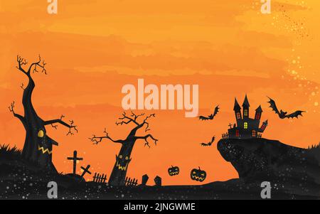 Castello di Halloween e cimitero illustrazione paesaggio, acquerello stile grunge Vector illustrazione Illustrazione Vettoriale