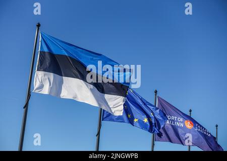 Tallinn, Estonia 31 luglio 2022 si vedono le bandiere dell'Estonia e dell'Unione europea (UE) sul vento. Credit: Vadim Pacajev/Alamy Live News Foto Stock