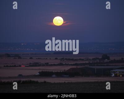Eastchurch, Kent, Regno Unito. 11th ago, 2022. UK Weather: The full Sturgeon Moon - l'ultima superluna del 2022 - visto salire su campi arroccati in Eastchurch, Kent questa sera. Credit: James Bell/Alamy Live News Foto Stock
