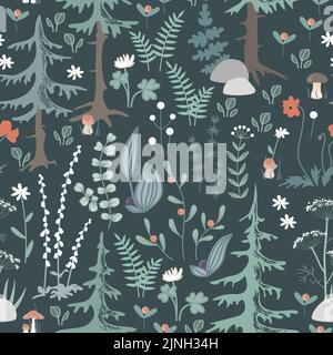 Doodle fairy woodland modello senza cuciture. Piante di foresta disegnate a mano sullo sfondo scuro. Disegno in stile scandinavo di erbe e fiori. Illustrazione Vettoriale