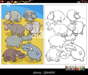 Cartoon illustrazione di divertente hippos caratteri animali colorazione pagina Illustrazione Vettoriale