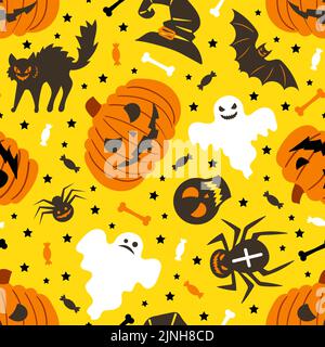 Motivo senza cuciture per Halloween su sfondo giallo con fantasmi, zucche, teschi, pipistrelli. Per sfondi, sfondi, tessuti. . Vettore Illustrazione Vettoriale